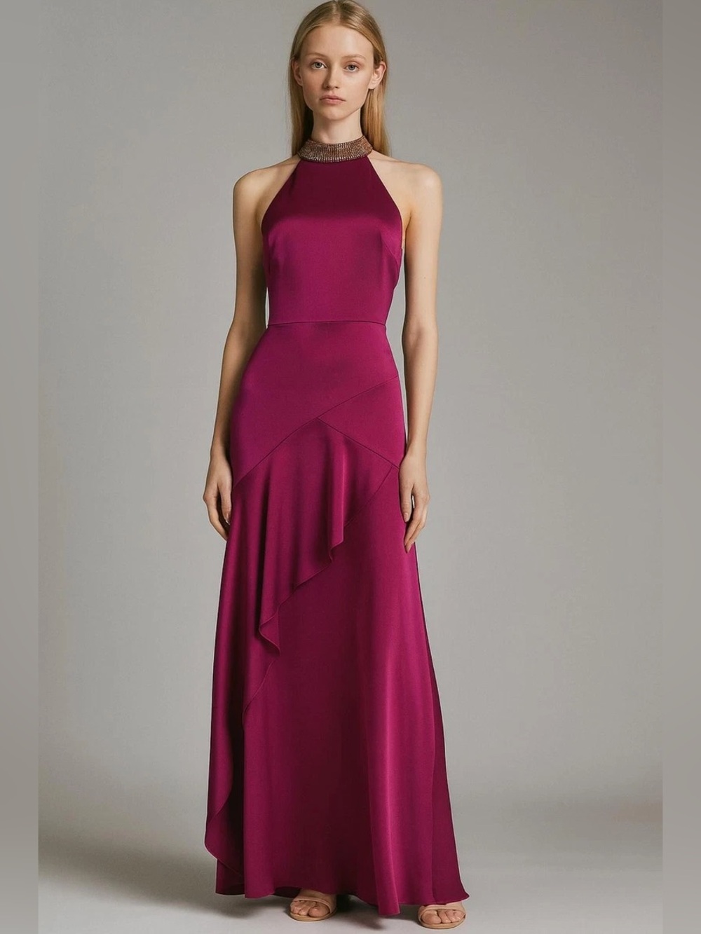 Aidan Mattox Magenta Crystal Halter Satin Ruffle Gown Size 8 NWT GALA MOB Formal
